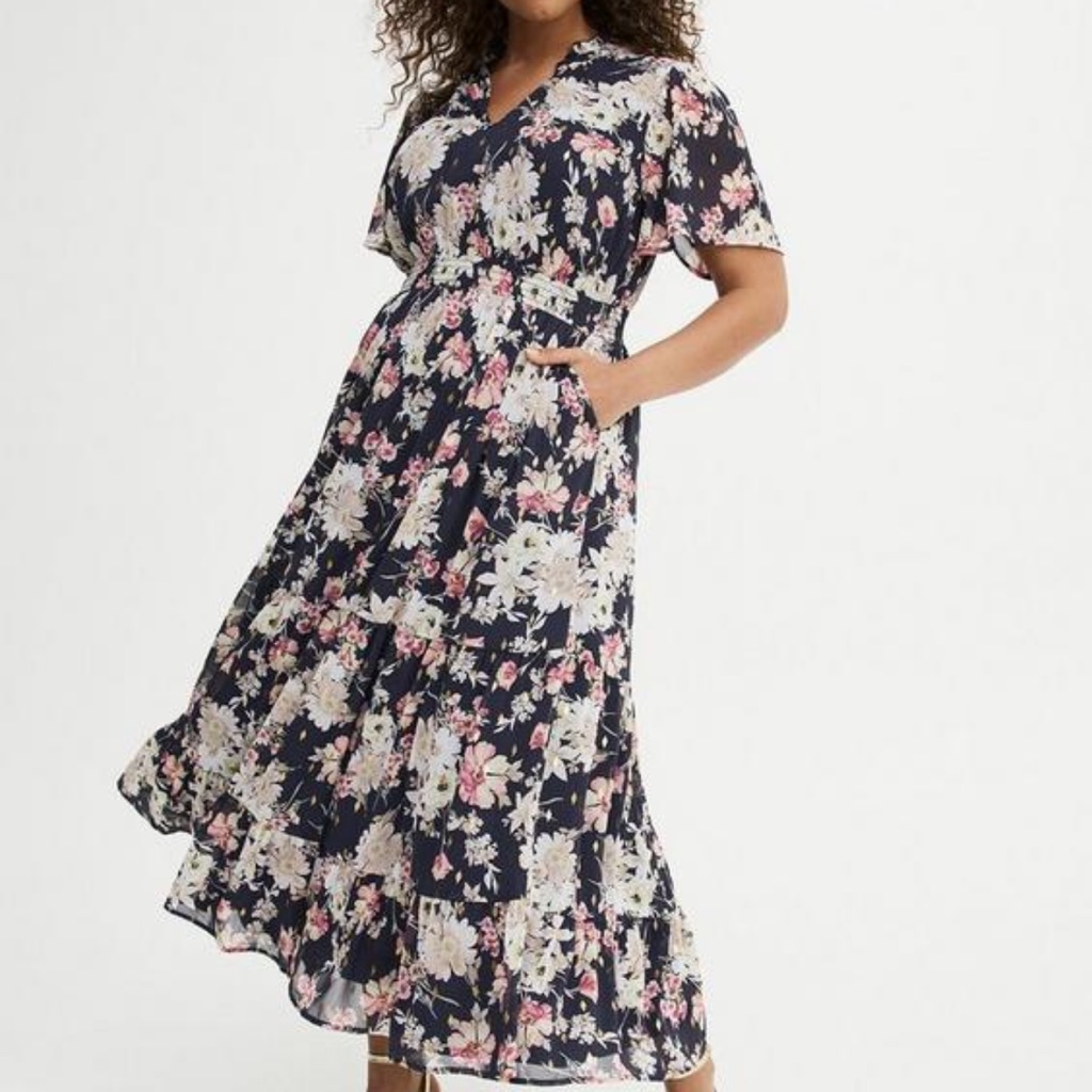 Torrid Navy Floral Tiered Maxi Dress With Pink & Cream Blooms